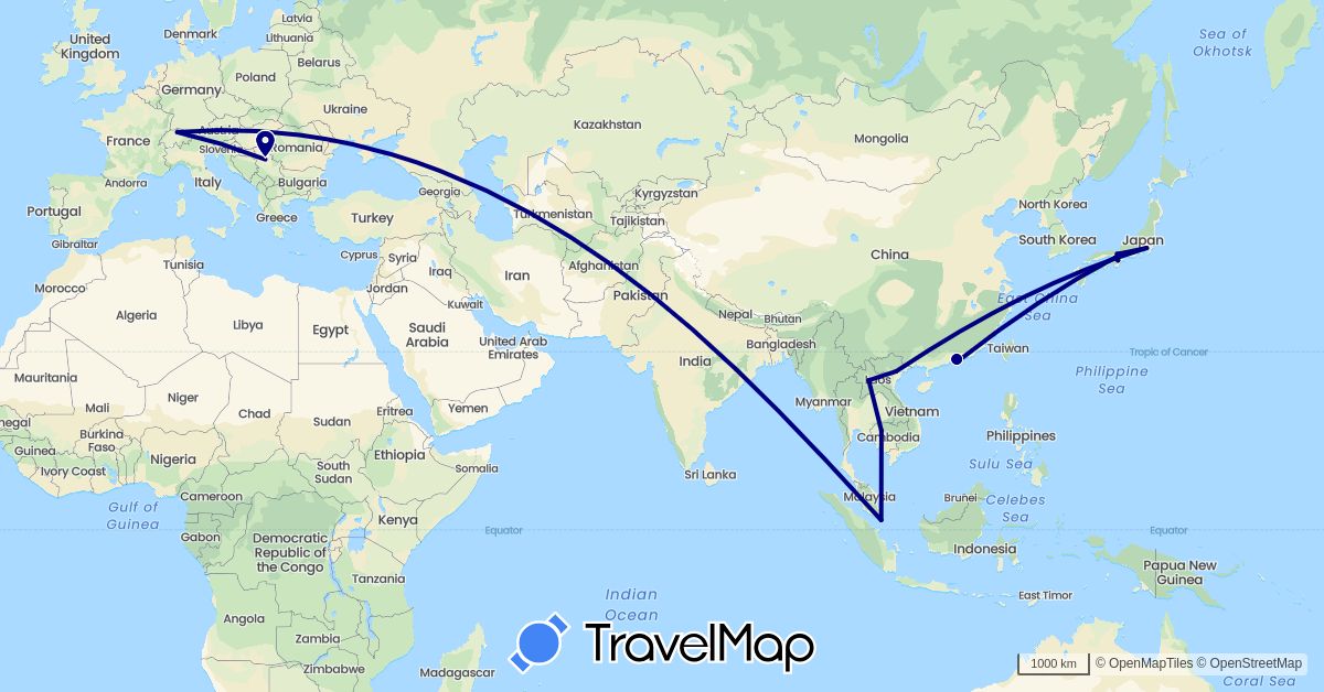 TravelMap itinerary: driving in Switzerland, China, Japan, Cambodia, Laos, Serbia, Singapore, Vietnam (Asia, Europe)